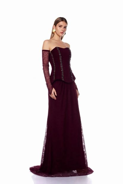 Bordo Peplum Detaylı  Dantelli Abiye  Elbise